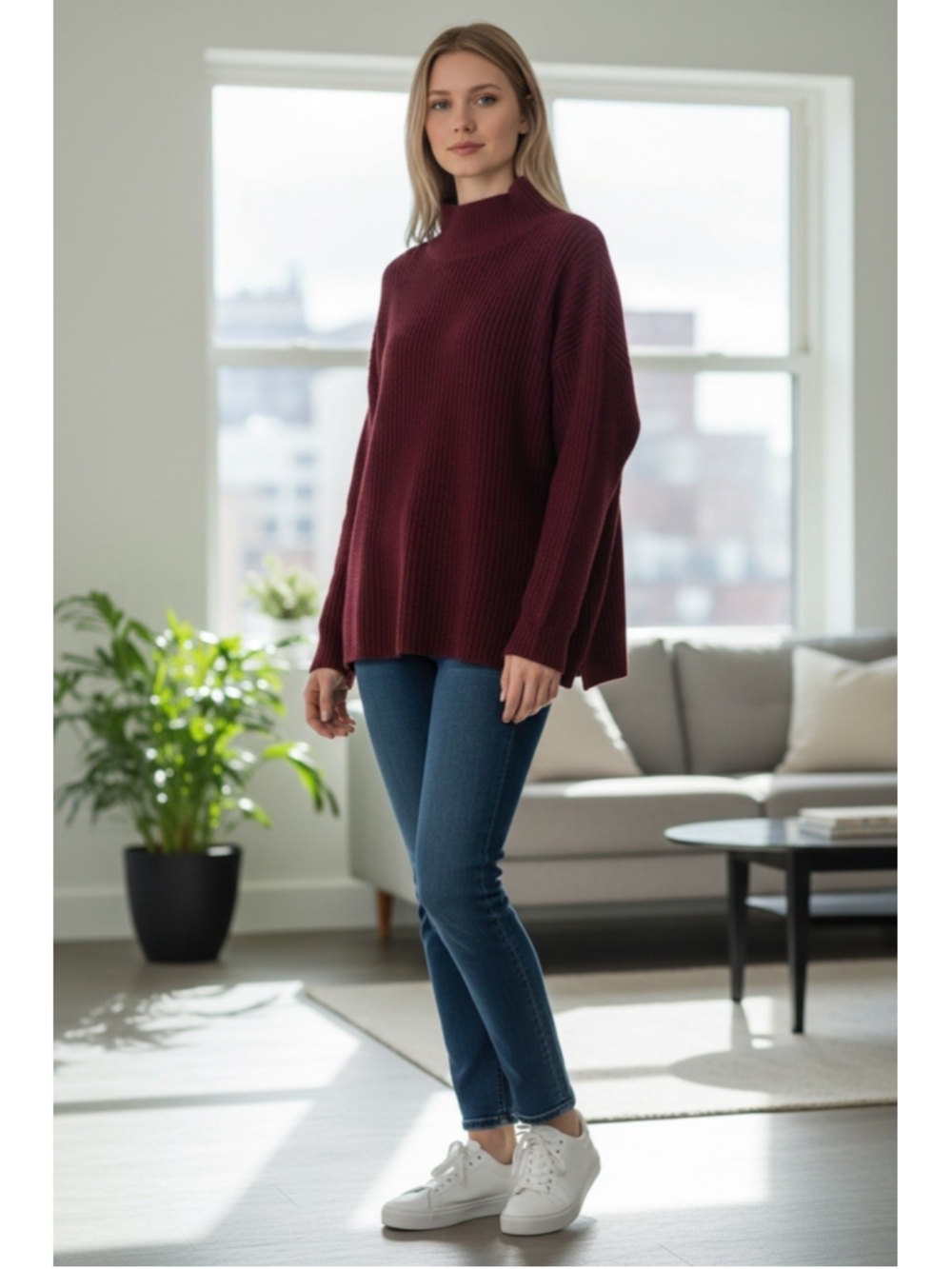Women's XL Tocco Reale Burgundy Cashmere Blend Ribbed Mock Neck Sweater Pullover